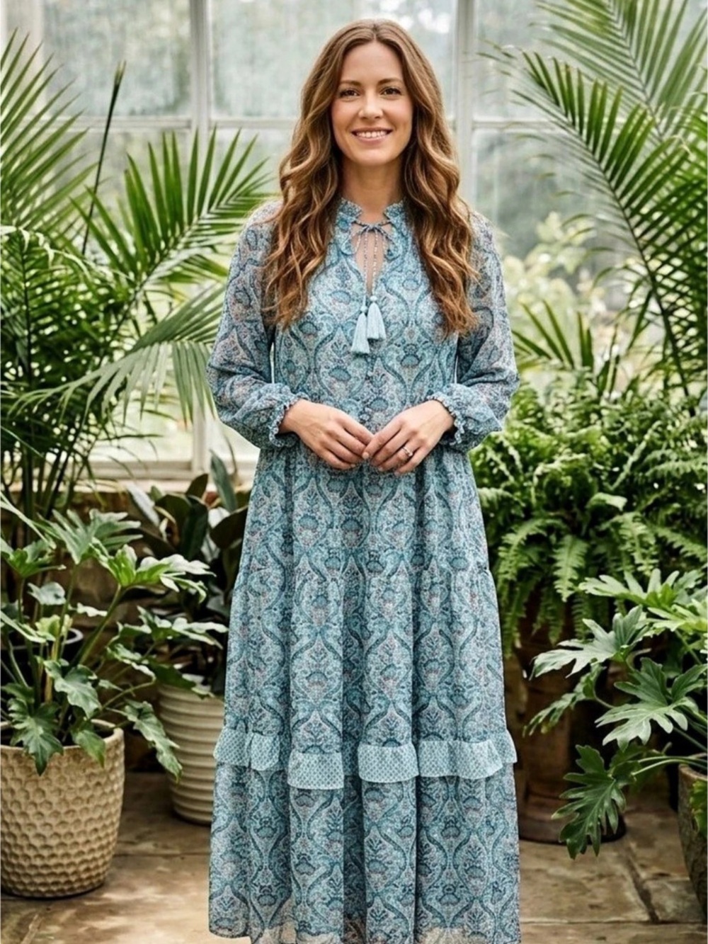 Wonderly Long Sleeve Ruffle Neck Maxi Dress Blue & White Womens Large